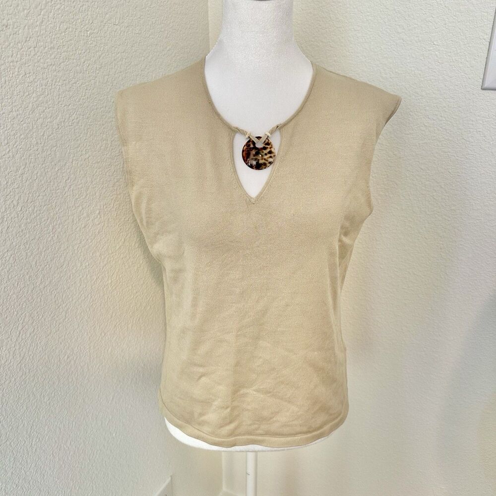 Josephine Chaus Sleeveless Top V-Neck Seashell Tan Sz M Silk Blend Tank